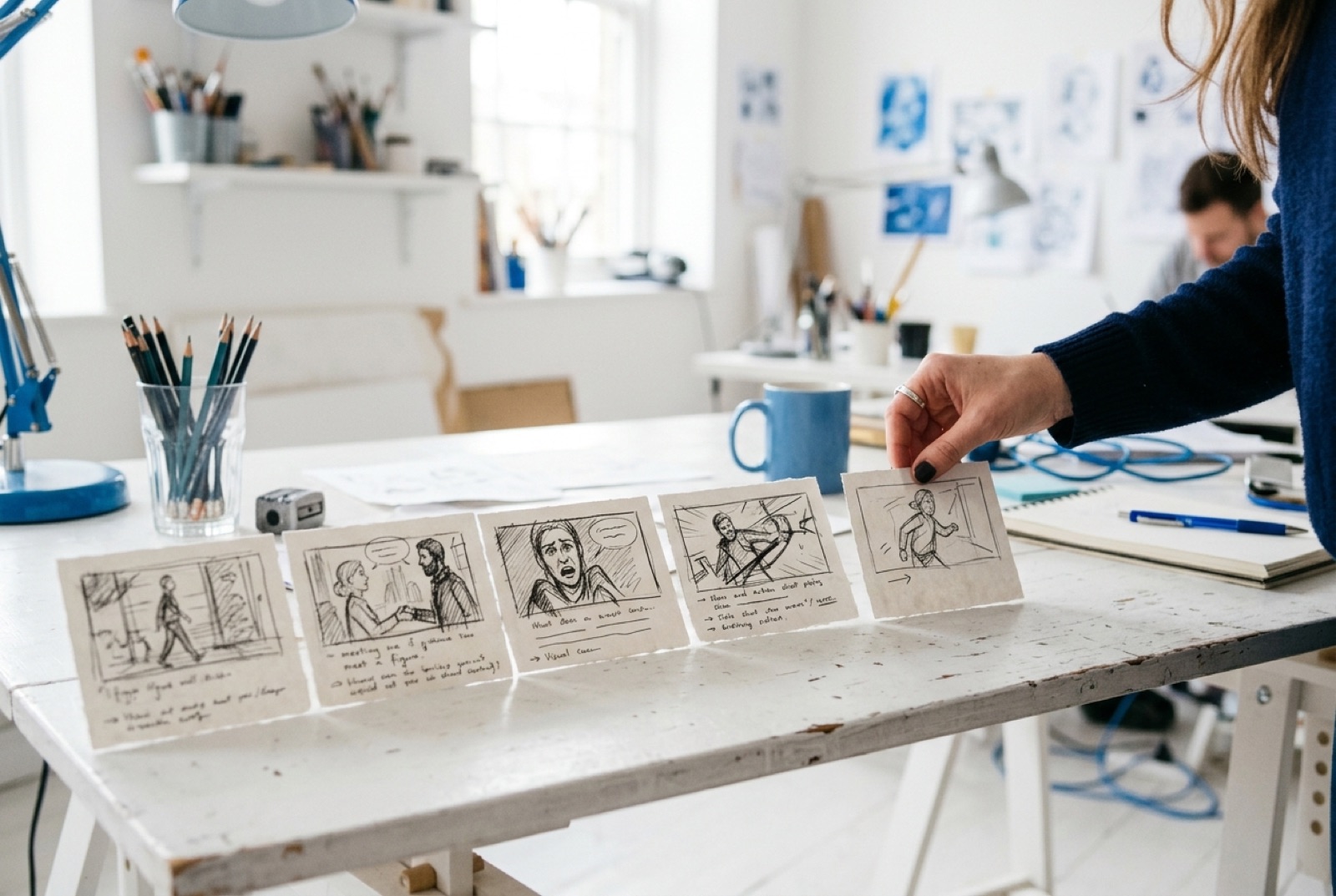 Storyboardkaarten op een rij op een wit bureau, een hand legt de volgende kaart neer